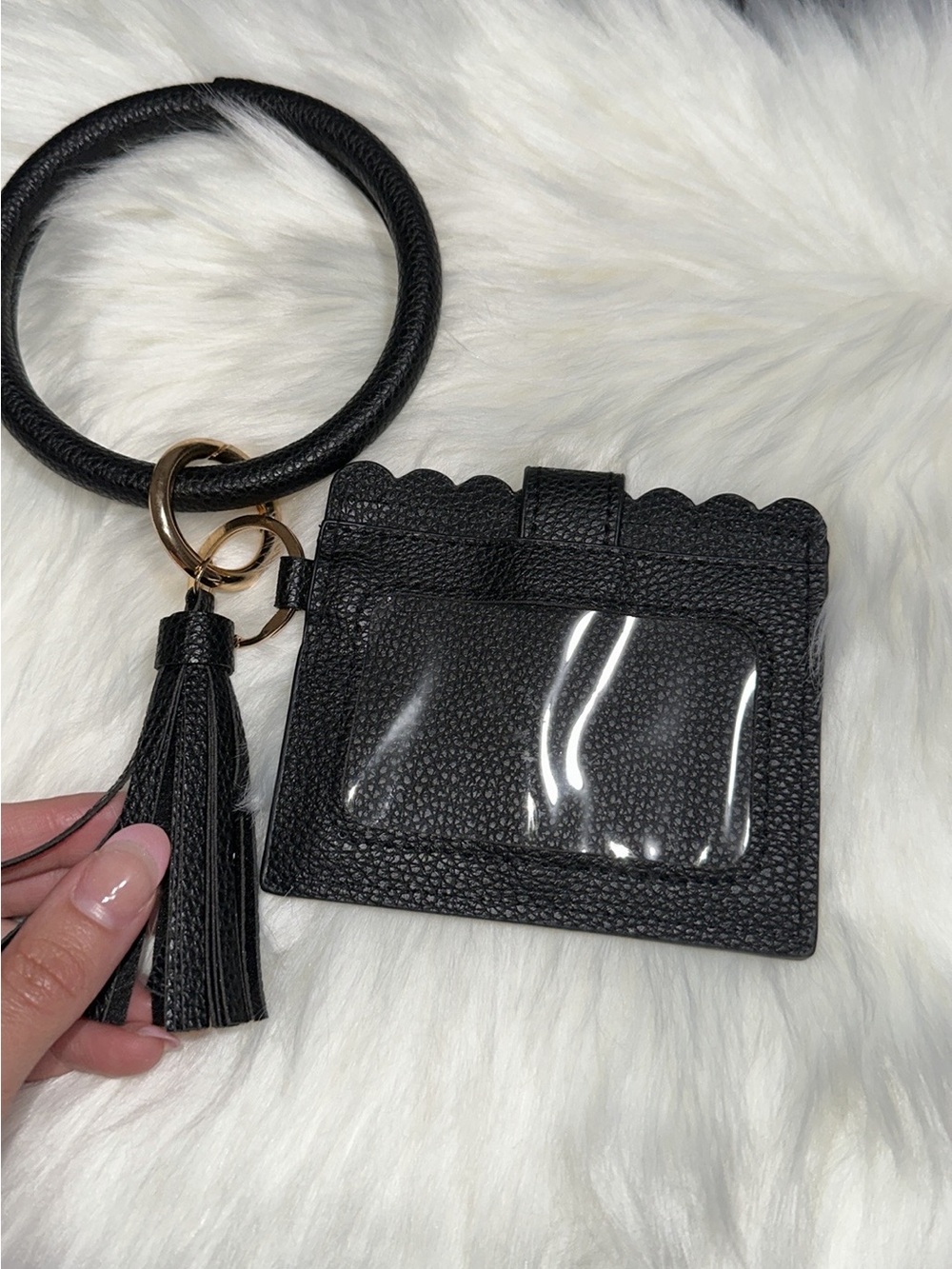 Black Leather Wristlet Card Holder with Tassel Keyring